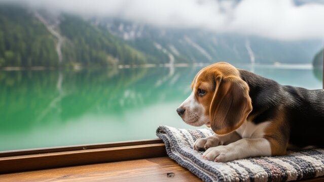 Curious young beagle puppy rests on a textured blanket, gazing thoughtfully at a breathtaking mountain lake landscape with misty peaks. - Powered by Adobe