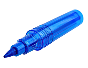 A close-up of a blue transparent highlighter pen on a black background