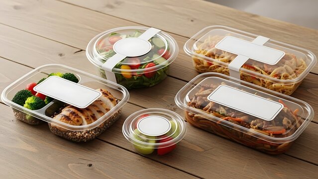 Five clear plastic food containers with meals and blank labels on wood take away food meal prep