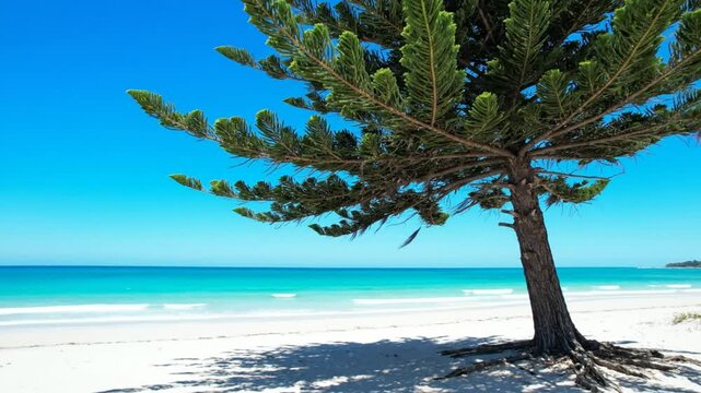 Tranquil beach scene with Norfolk Island pine tree, turquoise ocean, white sand, and bright blue sky on a sunny day