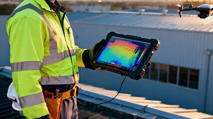 Medium shot of an engineer analyzing realtime thermal imaging data on a tablet during a dronesupported insulation inspection outside commercial buildings - Powered by Adobe