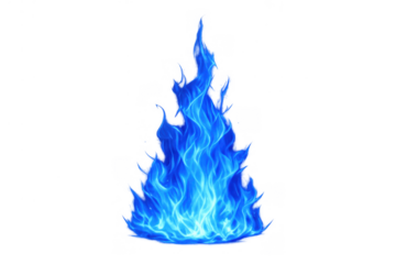 Blue fire burning, showing a blazing flame with strong heat and light effect. Transparent background