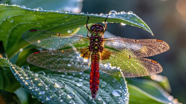 Dragonfly clinging to a green leaf glistening with morning dew drops in beautiful sunlight, macro perspective.