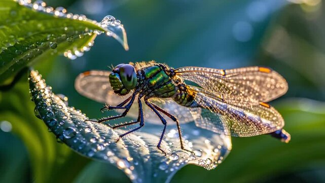 Dragonfly resting on a dew-covered leaf, showcasing nature's beauty in a close-up, macro shot