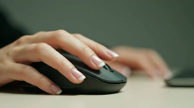 Detailed close up shot of a womans hand using a wireless computer mouse on a desk.