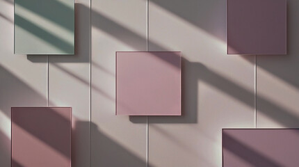 Minimalist abstract background with pastel colored squares, soft shadows, elegant geometric layout, modern and clean look, aesthetic for presentation or website backdrop.