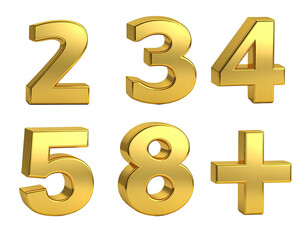 Obraz premium Gleaming golden numerals, 2 through 5, 8, and a plus sign, on black
