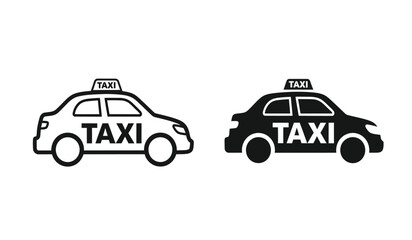Black and white taxi car icons in line art style for transportation or travel themes © lors of design