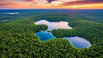Breathtaking aerial view of serene lakes nestled within a dense, vibrant green forest at sunset