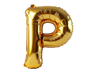 A shiny gold metallic letter "P" balloon floats isolated on black
