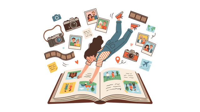 Woman creating a photo album, surrounded by floating cameras, film, and cherished memories. Photography concept.