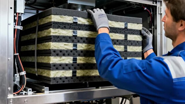 Medium shot of a technician adjusting layered acoustic absorbers inside a machine compartment emphasizing noise reduction strategies in mechanical settings