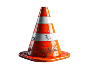 Weathered, orange traffic cone with white stripes, isolated on black