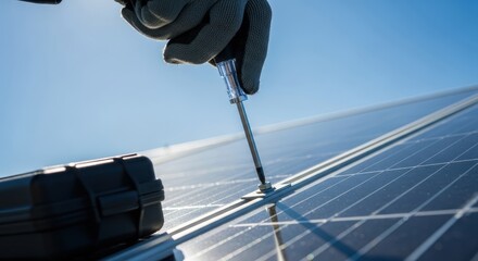 Close-up of a worker's gloved hand using a screwdriver to fasten a solar panel outdoors under a clear blue sky