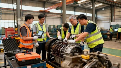 Handson intensive maintenance training session with participants actively inspecting and repairing machinery under expert supervision in an industrial facility.