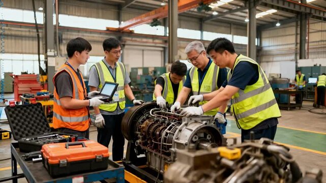 Handson intensive maintenance training session with participants actively inspecting and repairing machinery under expert supervision in an industrial facility.