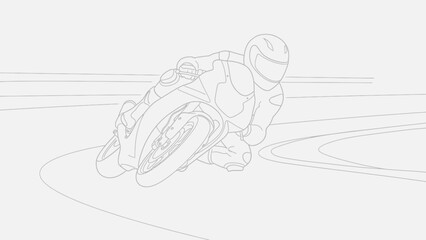 Grayscale line art illustration of a motorcycle racer focused on cornering a sharp turn on a race track, with a light gray background. © ikhan