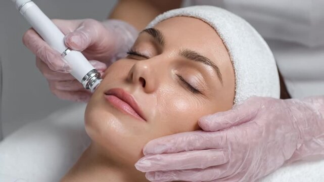 Closeup of a professional performing microcurrent facial treatment showcasing gentle electrical pulses for natural skin toning and rejuvenation.