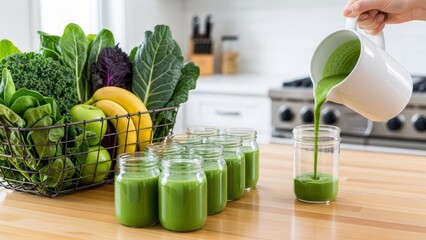 Fresh green smoothie being poured into jars on a kitchen counter with fruits and vegetables