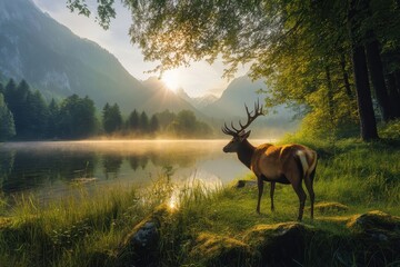 Majestic deer standing by the tranquil lake at sunrise in serene mountain landscape