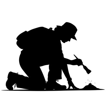 Silhouette of an archaeologist carefully brushing dirt during excavation.