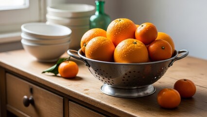 Juicy oranges and sweet mandarins piled in a metal colander on a wooden kitchen counter, a fresh and healthy fruit display.