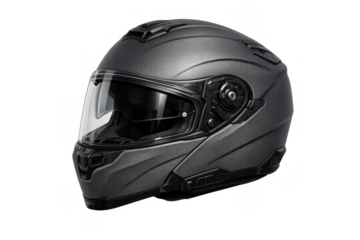 Grey matte modular motorcycle helmet providing rider protection for road safety and adventures, isolated on transparent background