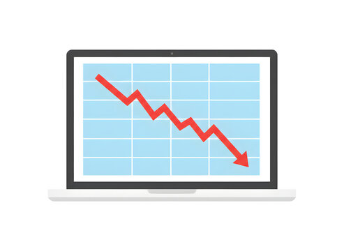 Laptop screen with downward arrow graph showing business decline
