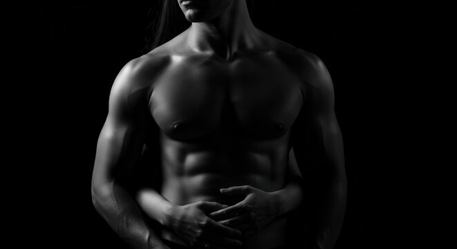Muscular male torso partially illuminated against deep black background with subtle feminine embrace