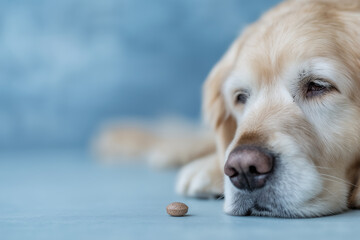 Senior dog sadly watches single pill lying on smooth floor.