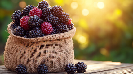 A burlap bag full of blackberries on an old wooden table, blurred background with sun rays and greenery in the distance, bright sunny day, perfect for food advertising, organic product packaging