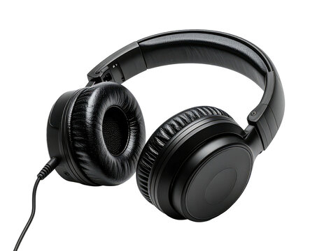 Black over-ear headphones, angled view, on a transparent background