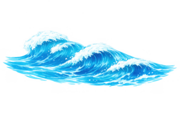 Ocean waves curling, breaking, and splashing with foam. Blue sea water creating dynamic movement, isolated on transparent background