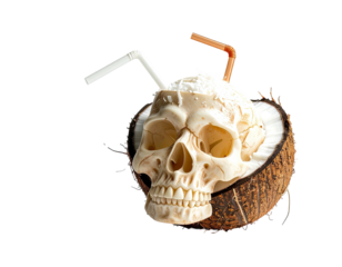 Skull in a coconut shell with a straw, drink, and shavings