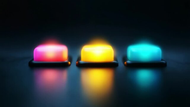 A close-up view of a finger hovering over glowing buttons, showcasing a dramatic play of vibrant colors. The scene highlights interaction with modern technology and design aesthetics.
