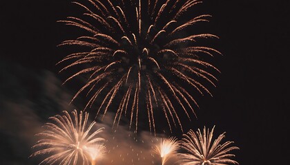 Beautiful amber and gold firework bursts with subtle smoke trails during a festive night time show
