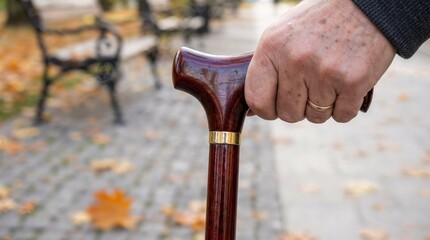 Elderly person holding a wooden cane while walking on a path in autumn  