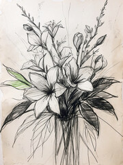 Artistic pencil sketch of a lily flower bouquet in a vase on textured vintage paper with a single green leaf accent. Hand drawn style floral illustration.