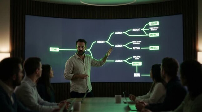 Man presenting a business strategy flowchart on a large screen to an attentive audience