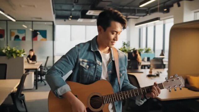 Young Man Playing Guitar in Modern Office, Creative Workspace, Coworking Space