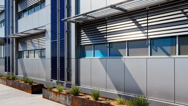 Sleek tech campus building facade equipped with advanced shading systems and responsive materials optimizing comfort and sustainability.