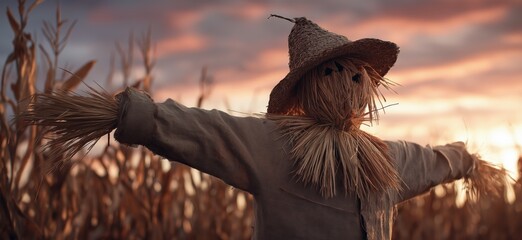 Scarecrow standing in cornfield at sunset protecting harvest. Scarecrow standing in a cornfield at sunset, a guardian for crops