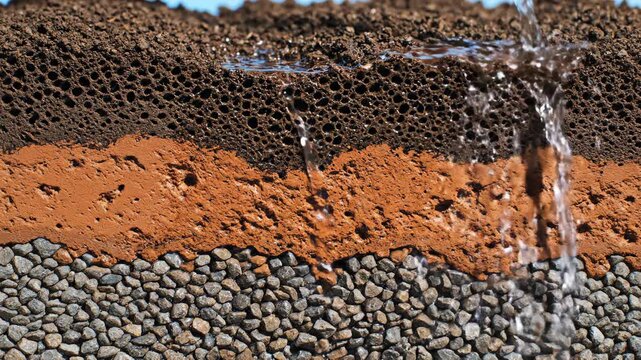 Water percolation through soil layers: crosssection of flow movement in high detail