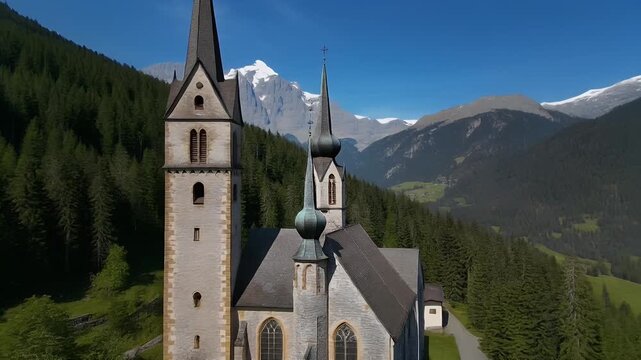 Aerial View of St. Nicholas Church in Obertilliach, Austria amidst Breathtaking Alpine Scenery