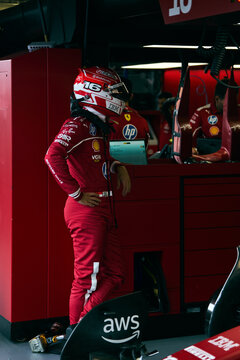 BAKU, AZERBAIJAN - SEPTEMBER 19, 2025: Monegasque driver Charles Leclerc stands in the Scuderia Ferrari garage during the Formula 1 Azerbaijan Grand Prix