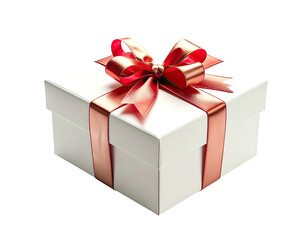 Obraz premium Boxy white gift with elegant red ribbon and bow on a stark black background