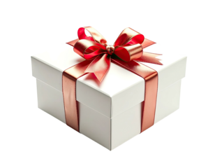 Boxy white gift with elegant red ribbon and bow on a stark black background