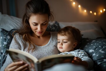 Mother reading a bedtime story to her young child in a cozy bedroom at night