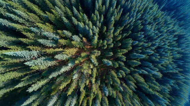 Aerial view of dense evergreen forest with lush trees and natural patterns