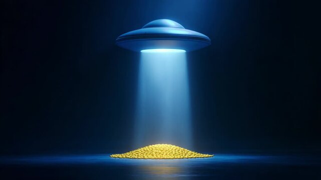 An enigmatic UFO hovers in a darkened space, beaming a vibrant light that rains down golden orbs, creating a mystical stack on the ground as an array of cosmic elements converge.